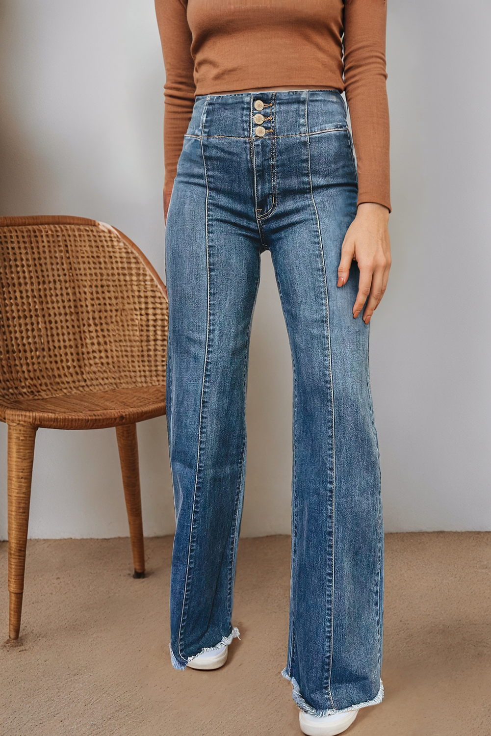 LDC High Waist Button Fly Seamed Raw Hem Flare Jeans
