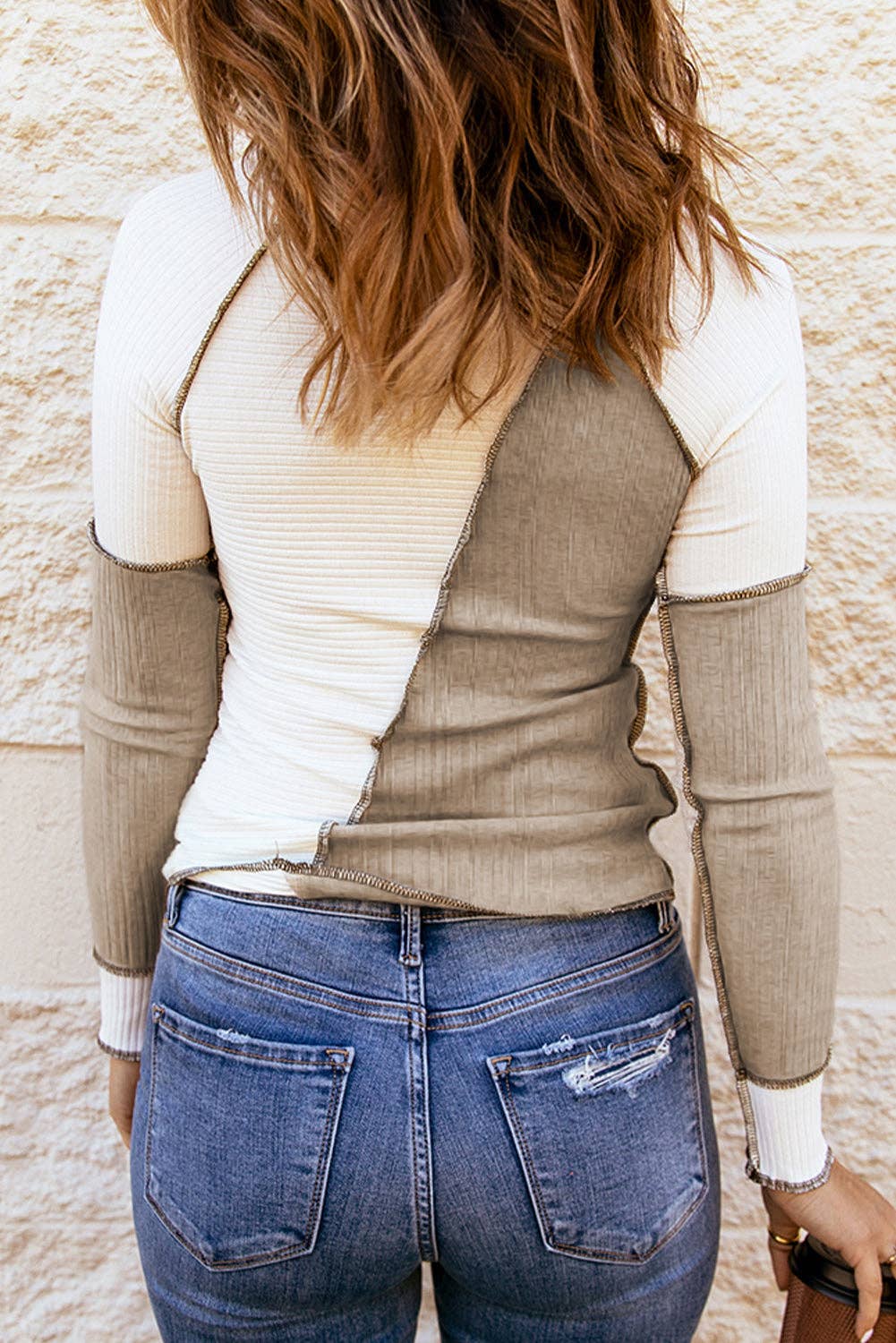 Color Block Seaming Trim Rib Knit Top