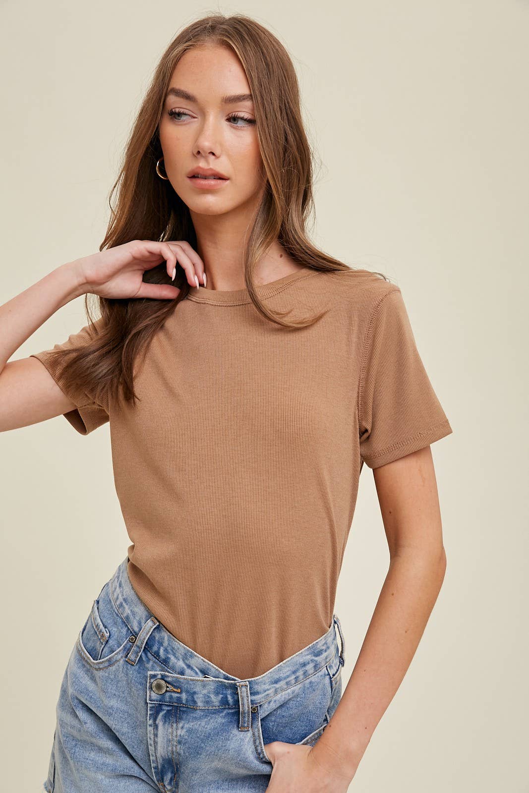 RIBBED KNIT BASIC T-SHIRT