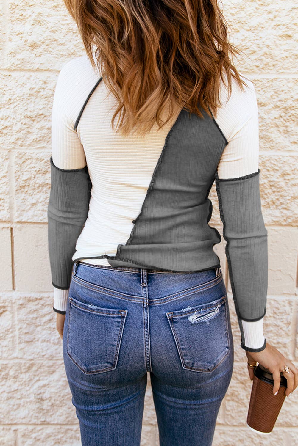 Color Block Seaming Trim Rib Knit Top