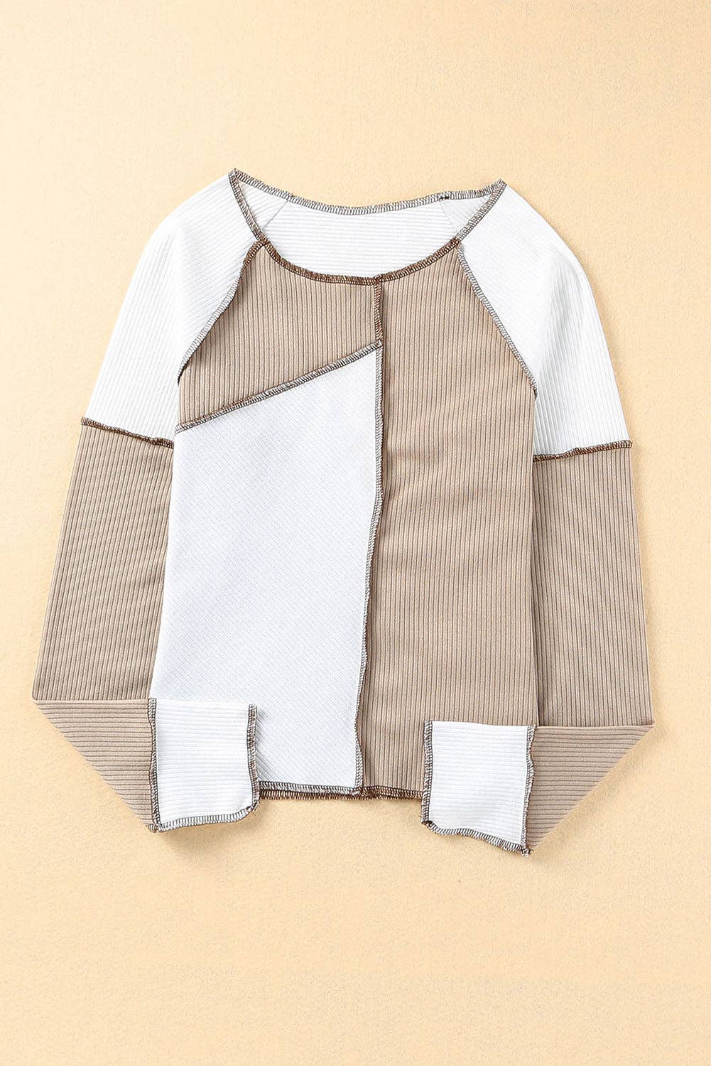 Color Block Seaming Trim Rib Knit Top